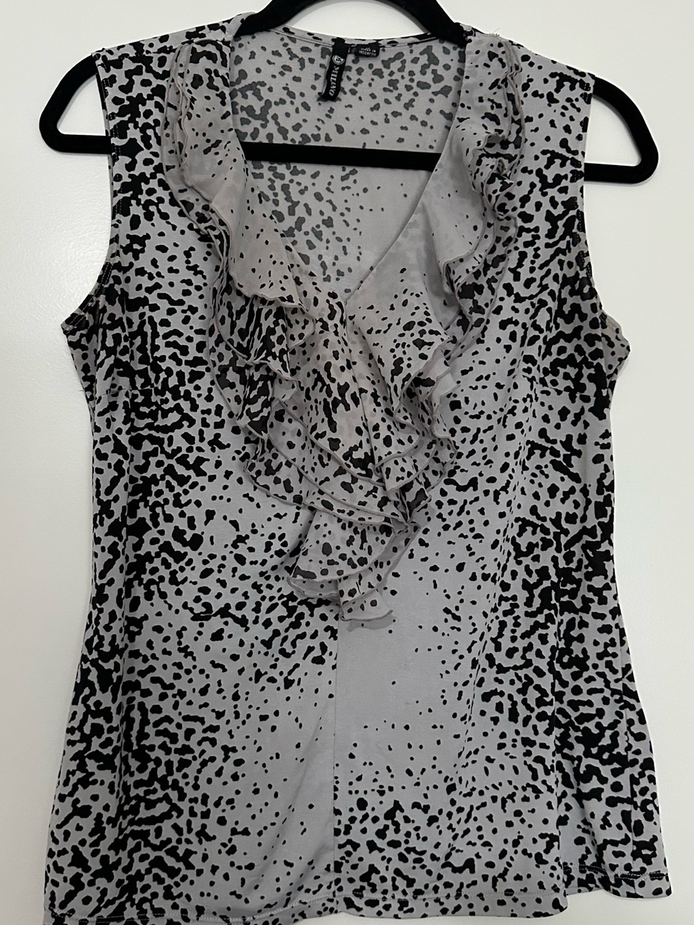 Milano Grey & Black Leopard Print Ruffled Neck Sleeveless Top